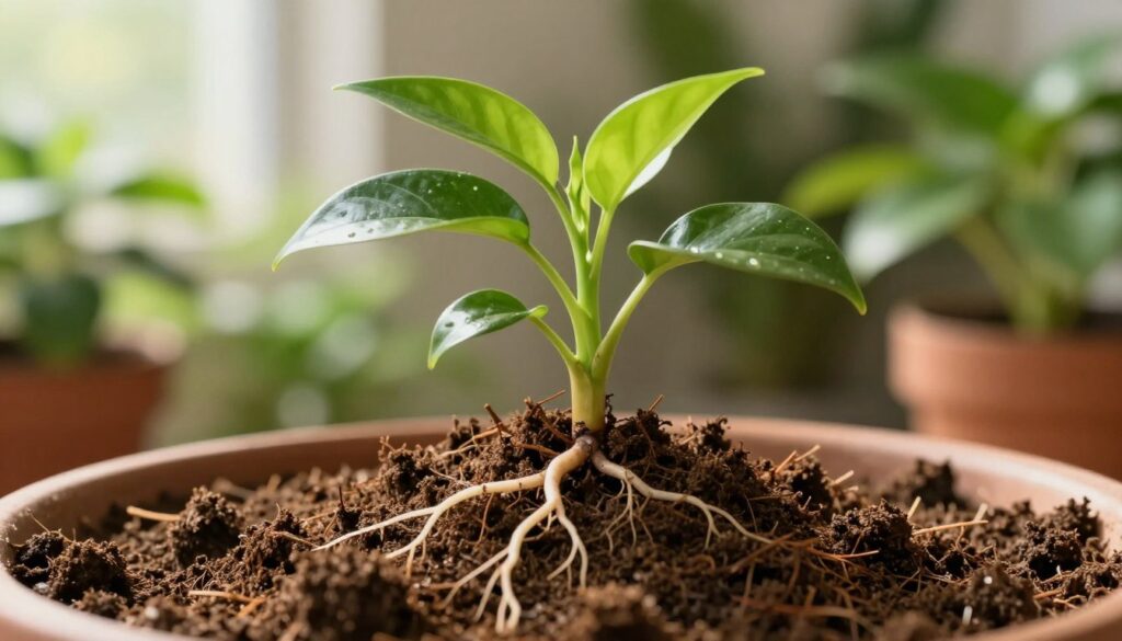 A vibrant close-up of a lush indoor plant thriving in nourishing, light-textured potting soil. The foreground features the rich, earthy tones of the soil, with delicate roots visible, showcasing their health and vitality. In the middle, the plant displays fresh, green leaves reaching upward, symbolizing growth and potential. The background presents a softly blurred garden setting with natural light filtering through, creating a warm and inviting atmosphere. The scene evokes a sense of peace and connection with nature, emphasizing the importance of choosing the right substrate. Capture this essence with warm, natural lighting and a shallow depth of field to focus on the plant. The image reflects quality and expertise in plant care. By Maya. A vibrant close-up of a lush indoor plant thriving in nourishing, light-textured potting soil. The foreground features the rich, earthy tones of the soil, with delicate roots visible, showcasing their health and vitality. In the middle, the plant displays fresh, green leaves reaching upward, symbolizing growth and potential. The background presents a softly blurred garden setting with natural light filtering through, creating a warm and inviting atmosphere. The scene evokes a sense of peace and connection with nature, emphasizing the importance of choosing the right substrate. Capture this essence with warm, natural lighting and a shallow depth of field to focus on the plant. The image reflects quality and expertise in plant care. By Maya.