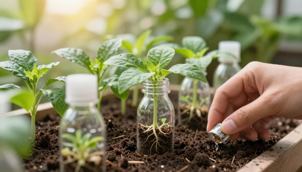 A vibrant, close-up view of a PET bottle garden showcasing lush, green plants thriving in a sustainable environment. In the foreground, a hand carefully applies natural fertilizer to the top of the soil, emphasizing a hands-on approach to nurturing plants. The middle showcases a well-arranged, healthy plant growing in nutrient-rich soil within a transparent PET bottle, allowing visibility of the root system. In the background, a softly blurred outdoor setting with greenery and sunlight filtering through leaves creates a warm, inviting atmosphere. The lighting is bright and natural, highlighting the textures of the soil and leaves. The overall mood conveys a sense of care, sustainability, and a focus on effective gardening practices. By Maya.