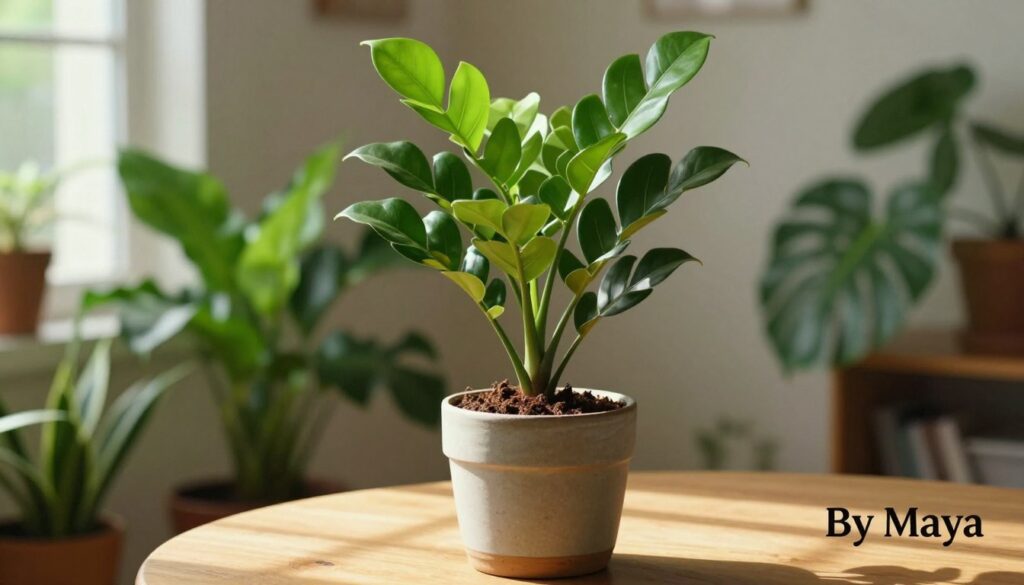 A vibrant depiction of a Zamioculca, or ZZ plant, showcasing its lush, glossy green leaves that radiate health and vitality. In the foreground, a single potted plant sits elegantly on a wooden table, featuring rich soil and a textured ceramic pot. The middle ground highlights several additional plants, suggesting a cozy indoor setting with ample natural light filtering through a nearby window, casting soft shadows. The background includes hints of a softly blurred living room environment, with neutral-toned walls and a hint of greenery peeking through, creating an inviting atmosphere. The lighting is warm and balanced, emphasizing the plant’s unique characteristics. Capture the essence of a safe and serene indoor space with a focus on the Zamioculca, branded in the corner as 