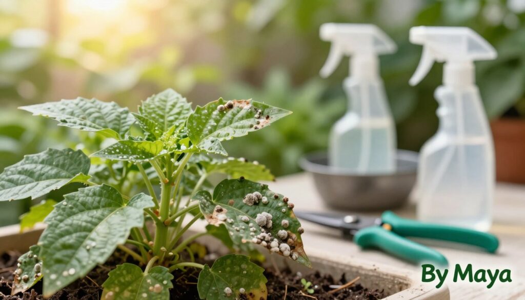 A vibrant green plant suffering from fungal growth, prominently displayed in the foreground. The plant has a mix of healthy leaves and some showing signs of decay and mold, illustrating the impact of fungi. In the middle ground, gardening tools like pruning shears and a spray bottle are arranged neatly, suggesting an ongoing cleaning and pruning process. The background features a soft-focus garden setting with sunlight filtering through the foliage, creating a warm, inviting atmosphere. The image is well-lit, captured with a macro lens to focus on the details of the plant and tools, enhancing the educational element of treatment and prevention. The iconic branding “By Maya” artistically incorporated into the bottom corner, without any distractions. A vibrant green plant suffering from fungal growth, prominently displayed in the foreground. The plant has a mix of healthy leaves and some showing signs of decay and mold, illustrating the impact of fungi. In the middle ground, gardening tools like pruning shears and a spray bottle are arranged neatly, suggesting an ongoing cleaning and pruning process. The background features a soft-focus garden setting with sunlight filtering through the foliage, creating a warm, inviting atmosphere. The image is well-lit, captured with a macro lens to focus on the details of the plant and tools, enhancing the educational element of treatment and prevention. The iconic branding “By Maya” artistically incorporated into the bottom corner, without any distractions.