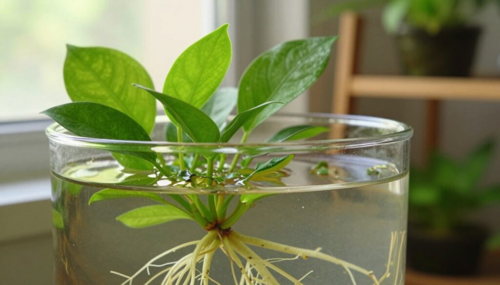 A vibrant, healthy aquatic plant thriving in a clear glass container filled with water, showcasing lush green leaves and delicate roots suspended gracefully. The plant is positioned prominently in the foreground, allowing viewers to appreciate the intricate details of the leaves and roots. In the middle ground, soft natural light filters through a window, creating gentle reflections on the water's surface. The background features a serene indoor setting with a blurred plant shelf, hinting at a nurturing environment. The overall atmosphere exudes tranquility and balance, highlighting the essential care needed for successful water cultivation. The scene is captured with a macro lens, emphasizing the textures and colors, with a warm, inviting tone. By Maya.