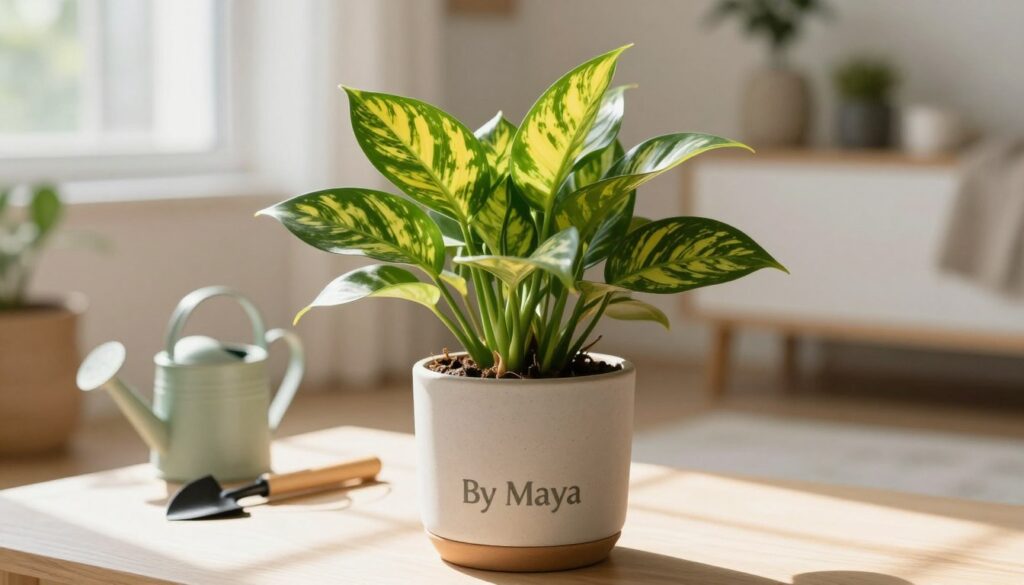 A vibrant, healthy potted houseplant, specifically a sun-loving variety like a golden pothos or a snake plant, placed prominently in a stylish ceramic pot. The foreground features glossy green leaves with bright yellow variegation, reflecting sunlight. In the middle ground, softly blurred, there are gardening tools and a small watering can, emphasizing the care routine. The background showcases a cozy, well-lit indoor space with soft natural light streaming in through a window, casting gentle shadows on the floor. The atmosphere conveys tranquility and warmth, perfect for a serene home environment. The image should have a shallow depth of field, with a focus on the plant to emphasize its vitality and beauty. Include the brand name 