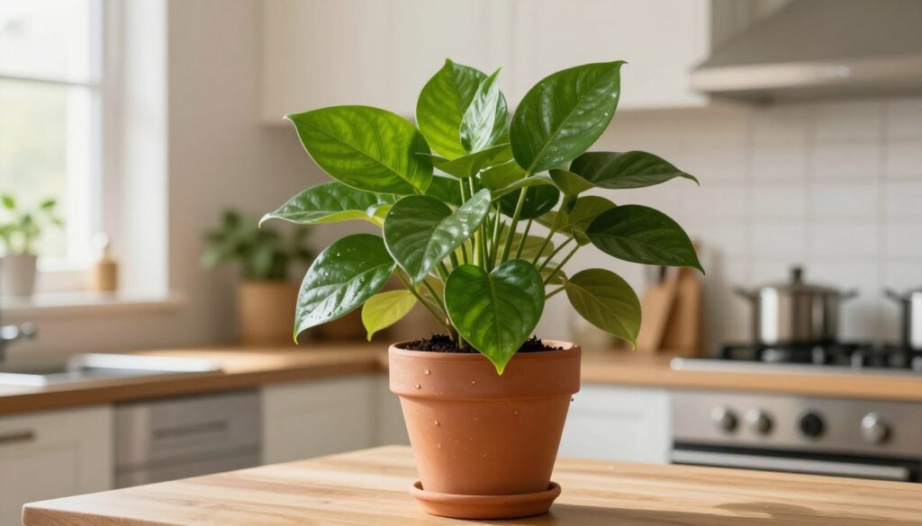 A vibrant indoor kitchen scene featuring a lush green potted plant, elegantly placed on a wooden countertop. The plant is thriving, showcasing broad leaves that capture the essence of freshness and vitality. In the foreground, a terracotta pot adds a warm touch, while subtle droplets of water suggest recent care. The middle ground includes a modern kitchen setup with stainless steel appliances, soft natural lighting cascading from a nearby window. In the background, light pastel-colored walls create a calm atmosphere, enhancing the plant's vivid green color. The mood is inviting and serene, perfect for illustrating care tips for kitchen plants. This image, created by By Maya, will be a visual representation of practical plant care in the kitchen. A vibrant indoor kitchen scene featuring a lush green potted plant, elegantly placed on a wooden countertop. The plant is thriving, showcasing broad leaves that capture the essence of freshness and vitality. In the foreground, a terracotta pot adds a warm touch, while subtle droplets of water suggest recent care. The middle ground includes a modern kitchen setup with stainless steel appliances, soft natural lighting cascading from a nearby window. In the background, light pastel-colored walls create a calm atmosphere, enhancing the plant's vivid green color. The mood is inviting and serene, perfect for illustrating care tips for kitchen plants. This image, created by By Maya, will be a visual representation of practical plant care in the kitchen.