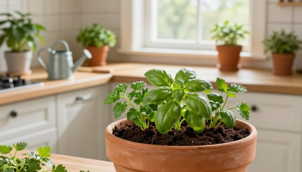 A vibrant indoor kitchen scene highlighting a rich, organic substrate ideal for potted kitchen plants. In the foreground, a large clay pot filled with dark, nutrient-rich soil is embellished with fresh herbs like basil and parsley. The middle ground features a sleek wooden kitchen counter adorned with various gardening tools and a small watering can, capturing the essence of kitchen gardening. In the background, large windows allow soft, natural light to fill the space, casting gentle shadows and creating a warm, inviting atmosphere. The colors are fresh and lively, emphasizing the connection between cooking and home gardening. This scene conveys a sense of care and attention to detail, essential for successful plant growth in kitchen environments. By Maya. A vibrant indoor kitchen scene highlighting a rich, organic substrate ideal for potted kitchen plants. In the foreground, a large clay pot filled with dark, nutrient-rich soil is embellished with fresh herbs like basil and parsley. The middle ground features a sleek wooden kitchen counter adorned with various gardening tools and a small watering can, capturing the essence of kitchen gardening. In the background, large windows allow soft, natural light to fill the space, casting gentle shadows and creating a warm, inviting atmosphere. The colors are fresh and lively, emphasizing the connection between cooking and home gardening. This scene conveys a sense of care and attention to detail, essential for successful plant growth in kitchen environments. By Maya.