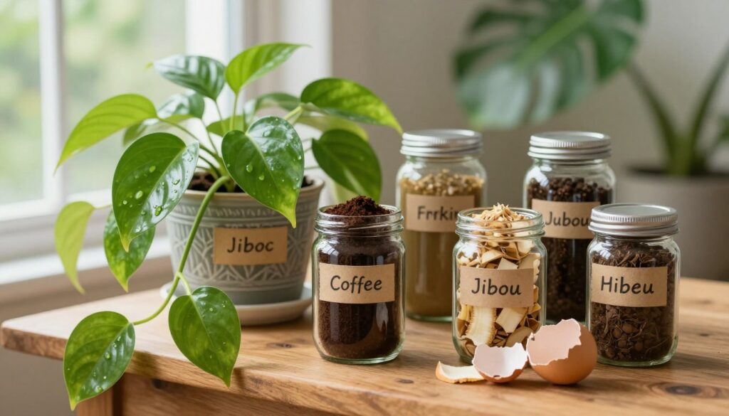 A vibrant indoor scene featuring a healthy Jiboia plant (Pothos) in a decorative pot, surrounded by various homemade fertilizers in glass jars, each showcasing unique natural ingredients like coffee grounds, eggshells, and banana peels. The foreground includes a close-up of the plant's lush green leaves, glistening under soft, natural light streaming in from a nearby window. In the middle, the jars are arranged neatly on a wooden table, each labeled with simple, earthy tags. The background features a softly blurred greenery, creating a peaceful atmosphere. The mood is nurturing and calm, emphasizing the importance of natural plant care methods. The image reflects the craftsmanship of organic gardening. By Maya.