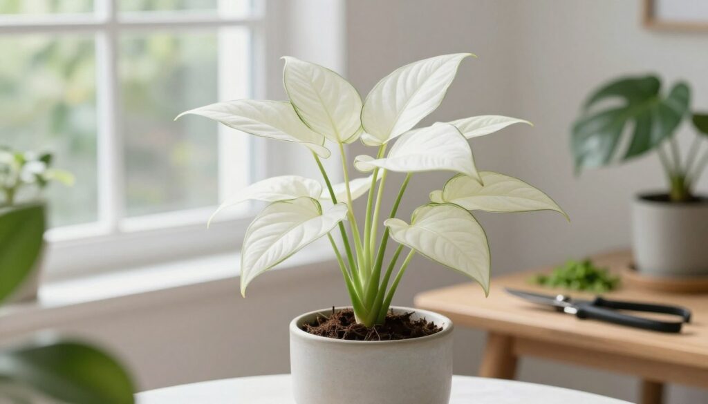 A vibrant indoor scene featuring a plant with striking white leaves, beautifully illuminated by soft natural light filtering through a nearby window. In the foreground, the plant stands in a modern, minimalist ceramic pot, showcasing its elegant, lush foliage against a clean, white background. The middle ground includes subtle details like pruning shears resting on a wooden table, suggesting recent care and maintenance, while hints of green from healthy soil and nearby plant companions provide contrast. In the background, a softly blurred natural environment enhances the tranquil atmosphere. The scene evokes a feeling of rejuvenation and attention to detail in plant care. --v 5 --ar 16:9 --style By Maya A vibrant indoor scene featuring a plant with striking white leaves, beautifully illuminated by soft natural light filtering through a nearby window. In the foreground, the plant stands in a modern, minimalist ceramic pot, showcasing its elegant, lush foliage against a clean, white background. The middle ground includes subtle details like pruning shears resting on a wooden table, suggesting recent care and maintenance, while hints of green from healthy soil and nearby plant companions provide contrast. In the background, a softly blurred natural environment enhances the tranquil atmosphere. The scene evokes a feeling of rejuvenation and attention to detail in plant care. --v 5 --ar 16:9 --style By Maya