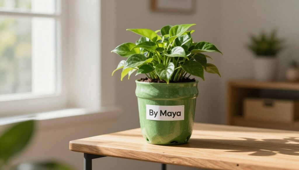 A vibrant indoor scene featuring a stylish plant pot made from a recycled PET bottle, positioned on a modern wooden shelf. The plant pot showcases a lush, green potted plant with bright leaves, accentuating the eco-friendly theme. In the foreground, a soft, natural light filters through a nearby window, casting gentle shadows that enhance the textures of the shelf and plant. In the middle ground, the focus is on the creatively designed pot, highlighting its unique shape and vibrant greenery. The background features a softly blurred living space with warm tones, adding a cozy atmosphere to the scene. This image should convey a safe and pet-friendly environment, with subtle elements of modern decor. The brand 