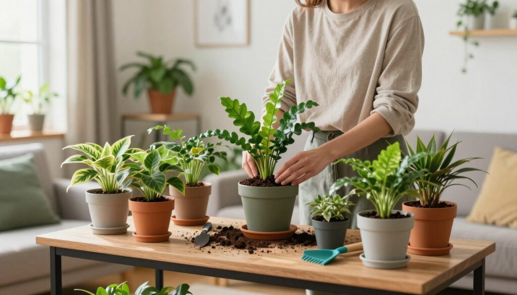 A vibrant indoor scene focusing on a cozy living room filled with lush houseplants and a warm, inviting atmosphere. In the foreground, a well-organized plant care station with pots, soil, and gardening tools, reflecting the care needed to maintain a safe home. In the middle ground, a professional-looking person in modest casual clothing is tending to the plants, ensuring they are healthy and thriving. The background showcases a window with soft, natural light streaming in, illuminating the green foliage and enhancing the homely feel. The overall mood is peaceful and nurturing, capturing the essence of home safety and plant care. By Maya. A vibrant indoor scene focusing on a cozy living room filled with lush houseplants and a warm, inviting atmosphere. In the foreground, a well-organized plant care station with pots, soil, and gardening tools, reflecting the care needed to maintain a safe home. In the middle ground, a professional-looking person in modest casual clothing is tending to the plants, ensuring they are healthy and thriving. The background showcases a window with soft, natural light streaming in, illuminating the green foliage and enhancing the homely feel. The overall mood is peaceful and nurturing, capturing the essence of home safety and plant care. By Maya.