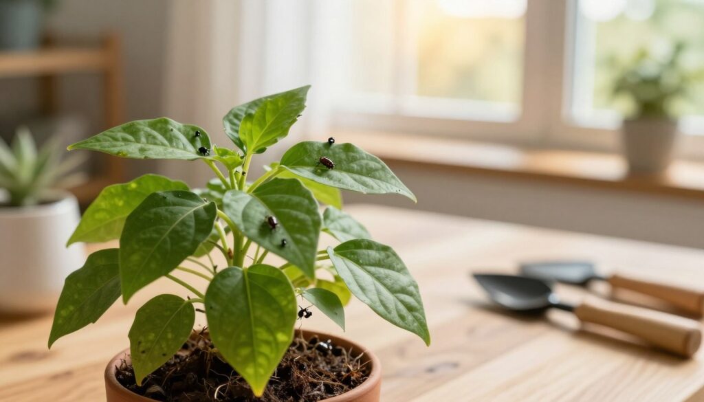 A vibrant indoor scene showcasing a healthy potted plant recovering from cochonilha infestation. In the foreground, the plant thrives with lush green leaves, displaying signs of rejuvenation, while small, shiny insects are gently removed to emphasize the healing process. The middle ground features a soft, natural texture of wooden table surfaces and gardening tools, hinting at care and maintenance. In the background, warm, diffused sunlight streams through a large window, creating a cozy atmosphere that enhances the plant's vitality. Adding a sense of hope, a gentle breeze slightly rustles the leaves, symbolizing renewal and growth. Capture the essence in a professional, bright setting with a shallow depth of field, using a lens effect that subtly blurs the background. By Maya.