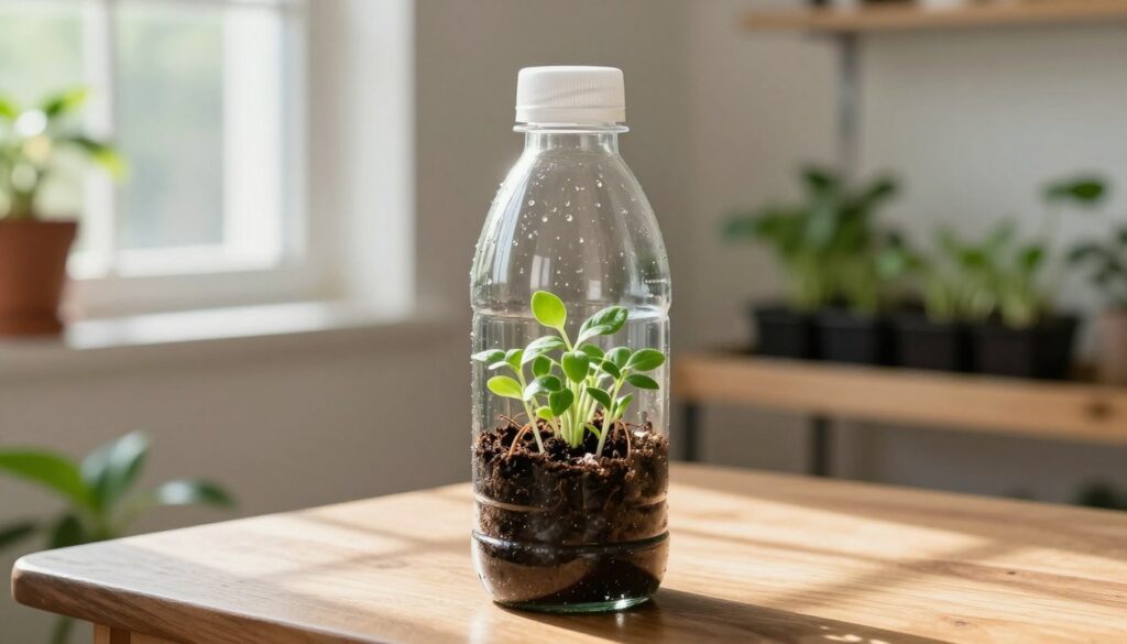 A vibrant indoor scene showcasing a plant arrangement inside a clear PET bottle, emphasizing a sustainable gardening approach. In the foreground, the bottle is placed on a wooden table, filled with rich, dark soil and a variety of small, green plants thriving in it. Subtle details like water droplets on the bottle surface and light reflecting off it create a sense of freshness. The middle background features a well-lit room with natural sunlight streaming through a window, casting gentle shadows. In the far background, a simple indoor garden setup can be seen, complementing the theme of caring for plants without rigid scheduling. The atmosphere is calm and inviting, promoting creativity and a closer connection to nature. Include the brand name 