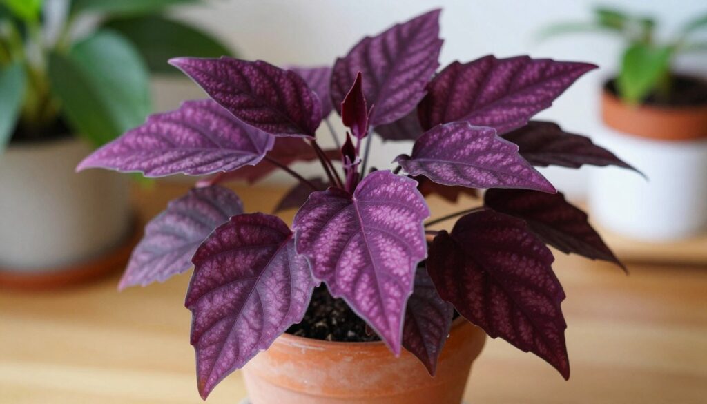 A vibrant indoor setting featuring a striking plant with deep purple leaves, showcasing unique textures and shapes. The foreground highlights the plant in bright, natural light, emphasizing the rich color of the leaves. In the middle ground, a supportive pot with earthy tones complements the plant, reinforcing the idea of care and recovery. The background is softly blurred, depicting a cozy home environment with hints of other greenery, creating a harmonious atmosphere. The scene should evoke a sense of renewal and vitality, hinting at the concept of recovery and growth. Captured with a warm tone, using a shallow depth of field to enhance focus on the purple leaves. By Maya. A vibrant indoor setting featuring a striking plant with deep purple leaves, showcasing unique textures and shapes. The foreground highlights the plant in bright, natural light, emphasizing the rich color of the leaves. In the middle ground, a supportive pot with earthy tones complements the plant, reinforcing the idea of care and recovery. The background is softly blurred, depicting a cozy home environment with hints of other greenery, creating a harmonious atmosphere. The scene should evoke a sense of renewal and vitality, hinting at the concept of recovery and growth. Captured with a warm tone, using a shallow depth of field to enhance focus on the purple leaves. By Maya.