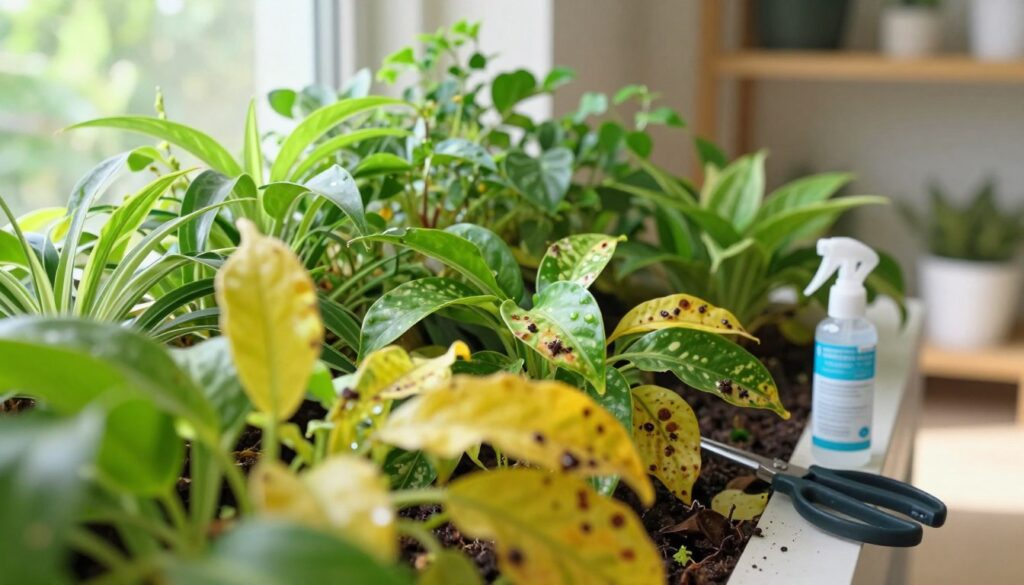 A vibrant indoor vertical garden showcasing common problems and quick fixes, such as wilting leaves, discoloration, and pests. In the foreground, a close-up of droopy yellowing foliage and small insects, highlighting the issues. The middle section contains a lush arrangement of healthy green plants with a few marked areas indicating the problems, along with tools like scissors and insect spray nearby for solutions. The background features a bright sunlit room with shelves and natural light streaming in, creating an inviting atmosphere. The image should be well-lit, focusing on the details of the plants, with a soft bokeh effect to draw attention to the garden's issues. Captured with a macro lens at eye level. By Maya. A vibrant indoor vertical garden showcasing common problems and quick fixes, such as wilting leaves, discoloration, and pests. In the foreground, a close-up of droopy yellowing foliage and small insects, highlighting the issues. The middle section contains a lush arrangement of healthy green plants with a few marked areas indicating the problems, along with tools like scissors and insect spray nearby for solutions. The background features a bright sunlit room with shelves and natural light streaming in, creating an inviting atmosphere. The image should be well-lit, focusing on the details of the plants, with a soft bokeh effect to draw attention to the garden's issues. Captured with a macro lens at eye level. By Maya.