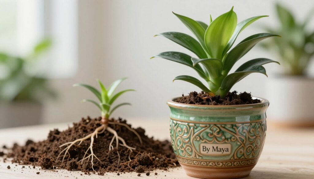 A vibrant jade plant thriving in a beautifully designed ceramic pot, artfully positioned in the foreground. The pot, adorned with intricate patterns, showcases its earthy tones of green and brown, reflecting a natural aesthetic. In the middle ground, soft, rich soil supports healthy roots, emphasizing the importance of quality substrate for plant care. The background features a gentle blur of indoor greenery, hinting at a bright, sunlit environment that fosters growth, with soft diffused lighting illuminating the scene. The mood is serene and inviting, perfect for promoting healthy plant care practices. The image should prominently display the brand name 
