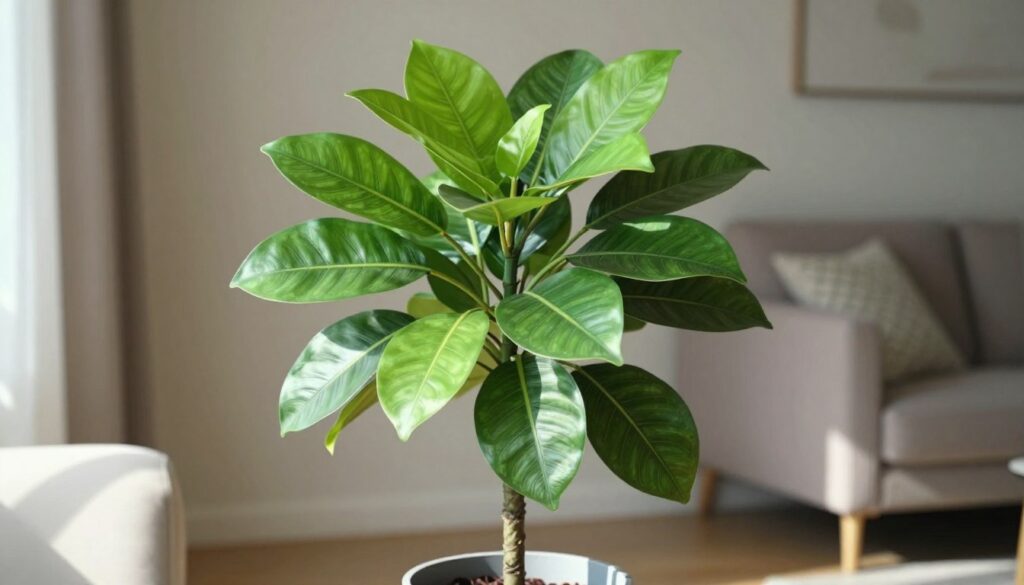 A vibrant, lifelike artificial Ficus plant sits elegantly in a stylish indoor setting. In the foreground, the lush green leaves of the Ficus are full and rich in color, detailed with subtle veins and textures, giving a realistic appearance. The middle ground features a sleek modern pot, complemented by soft natural lighting that casts gentle shadows, enhancing the plant's prominence. In the background, a cozy living room decor unfolds, with neutral-toned walls and tasteful furnishings that harmonize with the Ficus, creating an inviting atmosphere. The scene is shot from a slightly elevated angle to capture both the plant and the interior design beautifully, evoking a sense of tranquility and aesthetic appeal. By Maya.