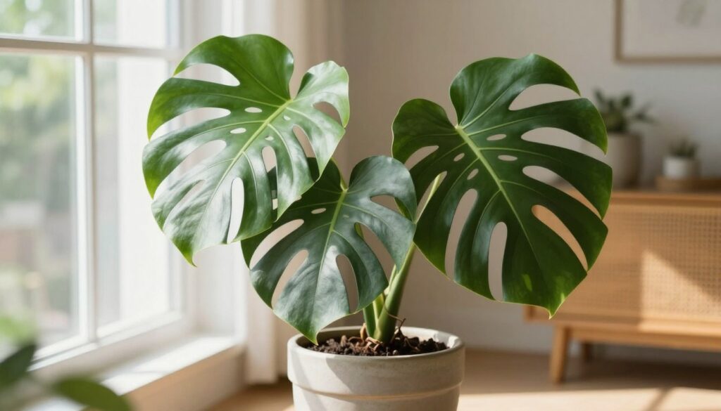 A vibrant, lush monstera plant (Costela de adão) in a stylish ceramic pot, positioned prominently in the foreground. The plant's large, deeply lobed leaves are a rich green, showcasing their iconic cutouts and texture. Soft, dappled sunlight filters through a nearby window, casting gentle shadows and highlighting the intricate details of the leaves. In the middle background, a well-organized, serene indoor space hints at gentle wooden furniture and a bright, airy atmosphere. The overall mood is calm and inviting, emphasizing the importance of ideal light for healthy monstera growth. The image is captured with a shallow depth of field, focusing clearly on the leaves while softly blurring the background, providing a cozy, plant-friendly environment. By Maya.