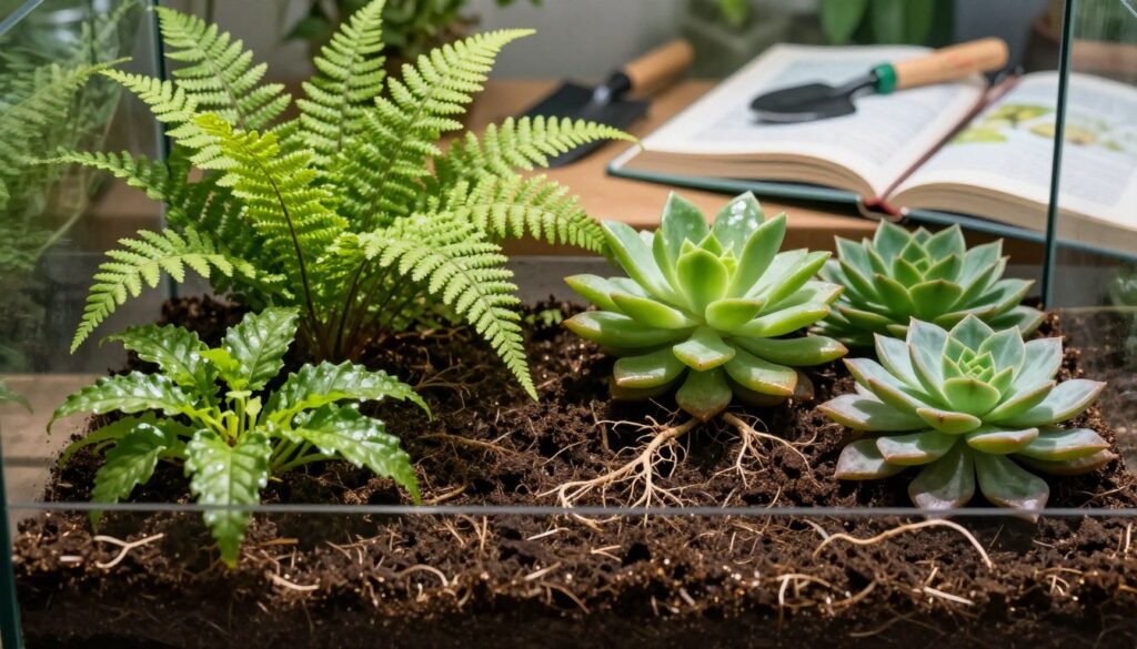 A vibrant, lush terrarium showcasing a variety of healthy plants with well-draining soil, emphasizing the importance of light and breathable substrate. In the foreground, a close-up of rich, dark soil with vibrant green plant roots visible, hinting at proper aeration. The middle ground features several flourishing plants like ferns and succulents, their leaves glistening from overhead natural light. In the background, a blurred display of gardening tools and an open gardening book, symbolizing learning from common mistakes. The scene is illuminated by soft, warm sunlight, casting gentle shadows, creating an inviting and educational atmosphere. The brand A vibrant, lush terrarium showcasing a variety of healthy plants with well-draining soil, emphasizing the importance of light and breathable substrate. In the foreground, a close-up of rich, dark soil with vibrant green plant roots visible, hinting at proper aeration. The middle ground features several flourishing plants like ferns and succulents, their leaves glistening from overhead natural light. In the background, a blurred display of gardening tools and an open gardening book, symbolizing learning from common mistakes. The scene is illuminated by soft, warm sunlight, casting gentle shadows, creating an inviting and educational atmosphere. The brand