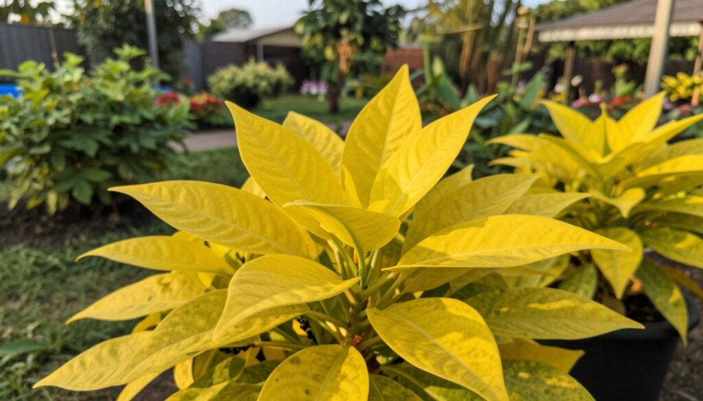 A vibrant outdoor scene featuring a striking plant with bright yellow leaves, showcasing its lush foliage in sunlight. The plant is situated prominently in the foreground, demonstrating resilience to the elements. In the middle ground, a soft blurred garden background presents a mix of green shrubs and distant trees, implying a well-tended outdoor space. The lighting is warm and inviting, with the golden hour sun casting gentle shadows that enhance the vivid colors of the leaves. A close-up angle captures the unique texture and patterns of the yellow leaves, emphasizing the importance of choosing the right plant for varying weather conditions. The mood is optimistic and refreshing, making it perfect for illustrating outdoor plant selection. By Maya. A vibrant outdoor scene featuring a striking plant with bright yellow leaves, showcasing its lush foliage in sunlight. The plant is situated prominently in the foreground, demonstrating resilience to the elements. In the middle ground, a soft blurred garden background presents a mix of green shrubs and distant trees, implying a well-tended outdoor space. The lighting is warm and inviting, with the golden hour sun casting gentle shadows that enhance the vivid colors of the leaves. A close-up angle captures the unique texture and patterns of the yellow leaves, emphasizing the importance of choosing the right plant for varying weather conditions. The mood is optimistic and refreshing, making it perfect for illustrating outdoor plant selection. By Maya.