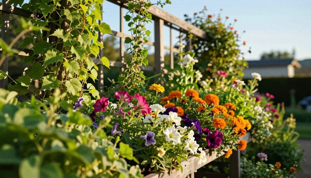 A vibrant vertical garden featuring a variety of flowering plants, arranged in a visually appealing manner. In the foreground, show lush green foliage with colorful blooms like petunias, marigolds, and trailing vines cascading down. In the middle ground, display a wooden or metal trellis supporting the plants, creating depth and structure. The background should have a soft-focus depiction of a sunny garden setting with clear blue skies, enhancing the sense of serenity. The lighting is warm and natural, casting gentle shadows that bring out the textures of the leaves and flowers. The atmosphere is tranquil, encouraging the viewer to imagine a low-maintenance garden spot where beauty thrives effortlessly. By Maya. A vibrant vertical garden featuring a variety of flowering plants, arranged in a visually appealing manner. In the foreground, show lush green foliage with colorful blooms like petunias, marigolds, and trailing vines cascading down. In the middle ground, display a wooden or metal trellis supporting the plants, creating depth and structure. The background should have a soft-focus depiction of a sunny garden setting with clear blue skies, enhancing the sense of serenity. The lighting is warm and natural, casting gentle shadows that bring out the textures of the leaves and flowers. The atmosphere is tranquil, encouraging the viewer to imagine a low-maintenance garden spot where beauty thrives effortlessly. By Maya.