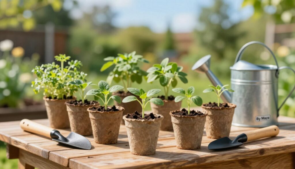 A vibrant, well-lit scene featuring a selection of young plant saplings ideal for a garden. In the foreground, focus on several healthy, green saplings in simple biodegradable pots, showcasing various species, including herbs and flowering plants. The middle ground should have a rustic wooden gardening table, with essential gardening tools like a trowel and watering can neatly arranged. In the background, a soft blur of a sunny garden setting with lush greenery and a clear blue sky creates a serene atmosphere. Natural, warm lighting highlights the saplings, casting gentle shadows, and evokes a hopeful mood of nurturing growth. The image is branded subtly with 