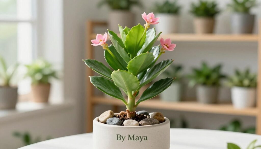 A visually appealing scene featuring a Jade plant (Crassula ovata) in a well-lit indoor garden setting. In the foreground, a healthy Jade plant with thick, fleshy leaves exhibits vibrant green hues and a few delicate pink blossoms. The middle ground showcases a stylish, modern pot, with carefully arranged stones for drainage. In the background, softly blurred shelves filled with various indoor plants create a serene atmosphere. The lighting is bright and natural, streaming in from a nearby window, casting gentle shadows that enhance the plant's texture. Capture this tranquil moment in a clean, crisp style, evoking a sense of simplicity and ease in plant care, evoking the brand 