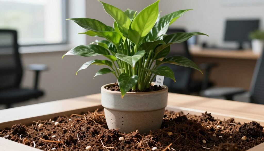 A visually striking close-up of a healthy potted office plant, showcasing its lush green leaves emerging from rich, organic substrate. The foreground features the textured soil, with visible particles and drainage pebbles creating a natural look. In the middle ground, the vibrant plant stands tall in a modern ceramic pot with drainage holes, representing a professional workspace. The background is softly blurred, depicting a sleek office environment with a wooden desk and natural lighting streaming through a nearby window, casting gentle shadows. The atmosphere conveys a sense of tranquility and productivity, ideal for an office setting. Include a small tag visible on the pot reading A visually striking close-up of a healthy potted office plant, showcasing its lush green leaves emerging from rich, organic substrate. The foreground features the textured soil, with visible particles and drainage pebbles creating a natural look. In the middle ground, the vibrant plant stands tall in a modern ceramic pot with drainage holes, representing a professional workspace. The background is softly blurred, depicting a sleek office environment with a wooden desk and natural lighting streaming through a nearby window, casting gentle shadows. The atmosphere conveys a sense of tranquility and productivity, ideal for an office setting. Include a small tag visible on the pot reading