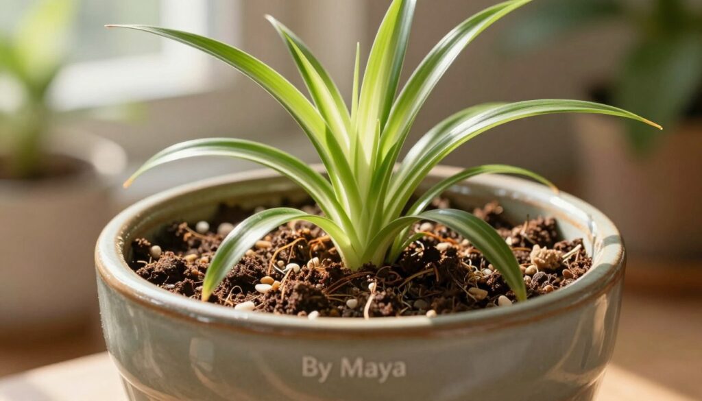 A well-designed plant pot featuring a healthy spider plant (planta-aranha) nestled in rich, textured substrate ideal for root growth. The foreground showcases the pot made of ceramic with a glossy finish, elegantly resembling earthy tones. The vibrant green leaves of the spider plant arch gracefully over the rim, displaying their variegated patterns. In the middle ground, the substrate contains a mix of soil, perlite, and organic matter, creating a textured, inviting environment. The background features a soft-focus, sunlit indoor setting with gentle rays illuminating the scene, enhancing the mood of a serene plant care atmosphere. The lighting is warm and natural, capturing the essence of a nurturing environment. Brand name 