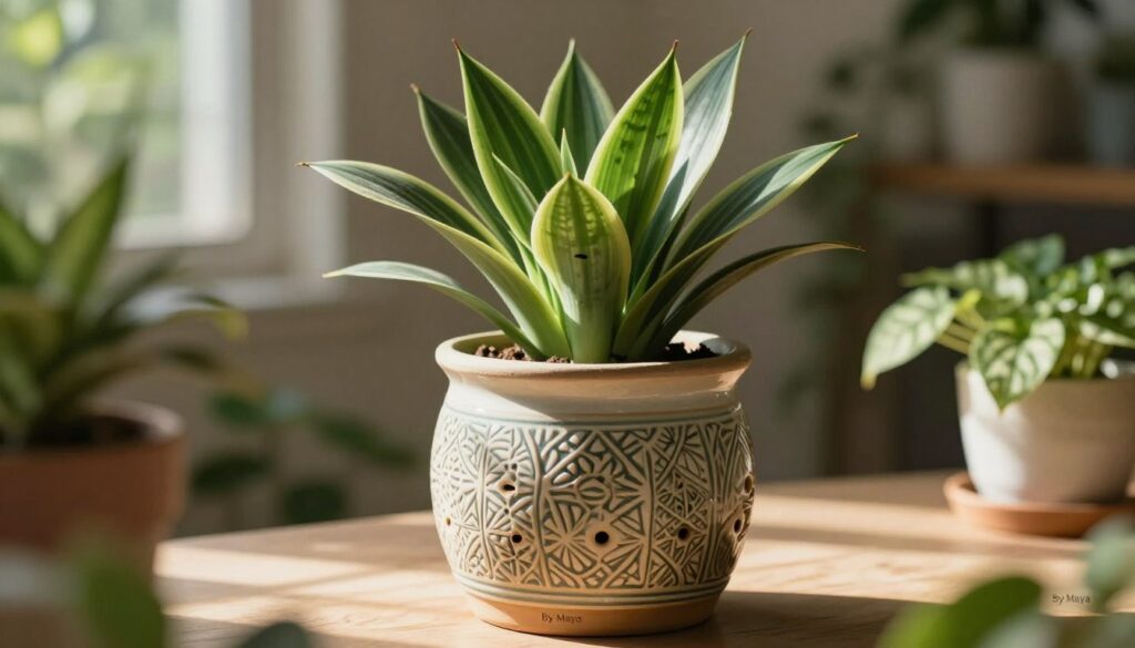 A well-designed plant pot with a drainage hole, specifically tailored for the sword plant (Espada de São Jorge), is the central focus of this image. The vaso should be ceramic, featuring intricate patterns that reflect a natural aesthetic, surrounded by vivid green, pointed leaves of the sword plant sprouting energetically. In the background, a soft-focused, sunlit indoor garden with indirect light enhances the tranquil atmosphere. The lighting is warm, casting gentle shadows on the textured surface of the pot. The angle is slightly tilted for a dynamic perspective, showcasing both the plant and its pot clearly. This aesthetic evokes a sense of care and nurturing for healthy root development. At the bottom right corner, include the brand name “By Maya” subtly integrated into the design. A well-designed plant pot with a drainage hole, specifically tailored for the sword plant (Espada de São Jorge), is the central focus of this image. The vaso should be ceramic, featuring intricate patterns that reflect a natural aesthetic, surrounded by vivid green, pointed leaves of the sword plant sprouting energetically. In the background, a soft-focused, sunlit indoor garden with indirect light enhances the tranquil atmosphere. The lighting is warm, casting gentle shadows on the textured surface of the pot. The angle is slightly tilted for a dynamic perspective, showcasing both the plant and its pot clearly. This aesthetic evokes a sense of care and nurturing for healthy root development. At the bottom right corner, include the brand name “By Maya” subtly integrated into the design.