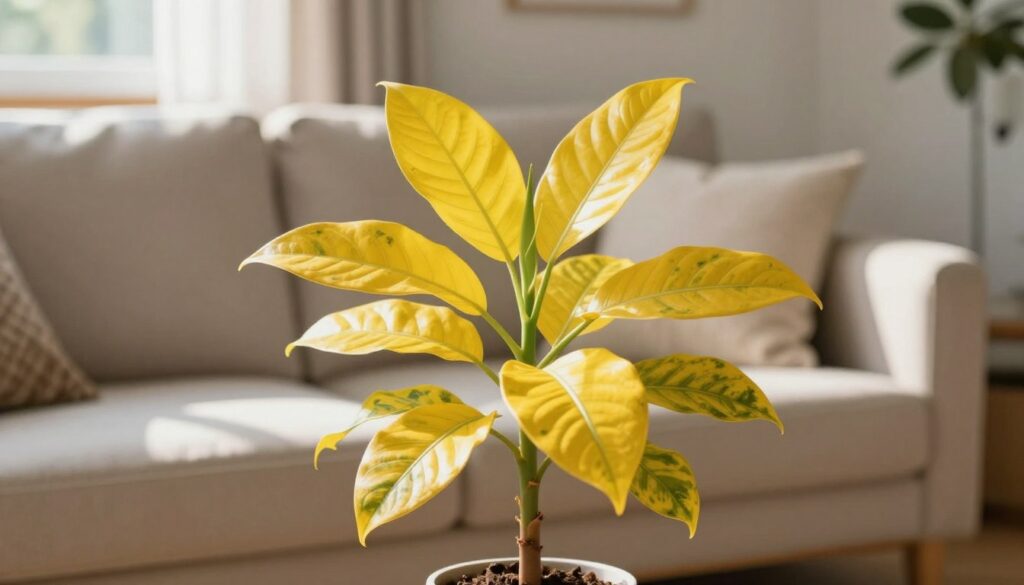 A well-lit indoor setting featuring a vibrant houseplant with striking yellow leaves as the focus point in the foreground. The plant's leaves should be lush and well-defined, showcasing the health issues that can arise from insufficient light. A cozy living space serves as the middle ground, with a soft, neutral-toned couch and decorative cushions in the background, hinting at a serene atmosphere. Gentle sunlight filters through a nearby window, creating warm, inviting shadows that highlight the plant. The composition is shot from a slight angle to emphasize both the plant and its surroundings. The mood is calm yet informative, illustrating the theme of plant care indoors. Image by By Maya. A well-lit indoor setting featuring a vibrant houseplant with striking yellow leaves as the focus point in the foreground. The plant's leaves should be lush and well-defined, showcasing the health issues that can arise from insufficient light. A cozy living space serves as the middle ground, with a soft, neutral-toned couch and decorative cushions in the background, hinting at a serene atmosphere. Gentle sunlight filters through a nearby window, creating warm, inviting shadows that highlight the plant. The composition is shot from a slight angle to emphasize both the plant and its surroundings. The mood is calm yet informative, illustrating the theme of plant care indoors. Image by By Maya.
