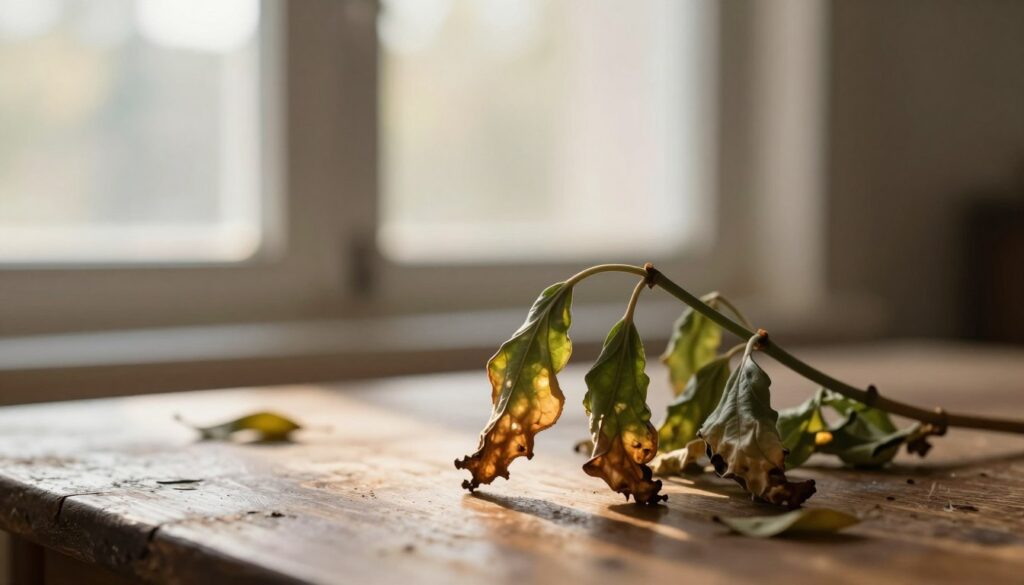 A wilted plant in the foreground, its drooping leaves showing signs of distress and browning edges. The plant sits on a rustic wooden table with a few fallen leaves scattered around it. In the middle ground, a soft, blurred background reveals a sunlit window with gentle rays filtering through, hinting at a bright but warm atmosphere. Add a light scattering of golden hour sunlight creating soft highlights on the plant's surface. The overall mood is one of quiet contemplation, evoking feelings of care and restoration. Capture this scene with a shallow depth of field to emphasize the plant's condition, using a macro lens style. By Maya. A wilted plant in the foreground, its drooping leaves showing signs of distress and browning edges. The plant sits on a rustic wooden table with a few fallen leaves scattered around it. In the middle ground, a soft, blurred background reveals a sunlit window with gentle rays filtering through, hinting at a bright but warm atmosphere. Add a light scattering of golden hour sunlight creating soft highlights on the plant's surface. The overall mood is one of quiet contemplation, evoking feelings of care and restoration. Capture this scene with a shallow depth of field to emphasize the plant's condition, using a macro lens style. By Maya.