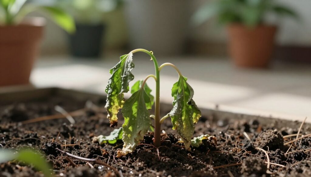 A wilted plant positioned prominently in the foreground, with drooping leaves that reflect its distress. The plant is emerging from dark, moist soil, suggestive of overwatering or poor drainage. In the middle ground, soft daylight filters through, casting gentle shadows that add depth and dimension to the scene. Background features are softly blurred, hinting at a nurturing home environment, perhaps with a hint of other healthy plants to contrast the wilted one. The mood is somber yet informative, conveying a sense of urgency and care for plant health. The composition is shot from a slightly elevated angle, focusing on the plant's plight, with a shallow depth of field to emphasize the subject. By Maya. A wilted plant positioned prominently in the foreground, with drooping leaves that reflect its distress. The plant is emerging from dark, moist soil, suggestive of overwatering or poor drainage. In the middle ground, soft daylight filters through, casting gentle shadows that add depth and dimension to the scene. Background features are softly blurred, hinting at a nurturing home environment, perhaps with a hint of other healthy plants to contrast the wilted one. The mood is somber yet informative, conveying a sense of urgency and care for plant health. The composition is shot from a slightly elevated angle, focusing on the plant's plight, with a shallow depth of field to emphasize the subject. By Maya.