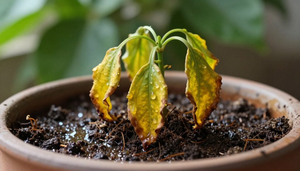 A wilted plant with drooping leaves, showcasing yellowing and browning edges, sits in rich, moist soil. The foreground focuses on the plant, with a textured ceramic pot partially visible. In the middle ground, droplets of water glisten on the surface of the soil, suggesting overwatering. The background features softly blurred green foliage to create depth, enhancing the focus on the struggling plant. The lighting is natural, with soft, diffused sunlight filtering through, casting gentle shadows that emphasize the plant's lack of vitality. The mood is somber yet informative, capturing a moment of care and concern for plant health. Image by By Maya. A wilted plant with drooping leaves, showcasing yellowing and browning edges, sits in rich, moist soil. The foreground focuses on the plant, with a textured ceramic pot partially visible. In the middle ground, droplets of water glisten on the surface of the soil, suggesting overwatering. The background features softly blurred green foliage to create depth, enhancing the focus on the struggling plant. The lighting is natural, with soft, diffused sunlight filtering through, casting gentle shadows that emphasize the plant's lack of vitality. The mood is somber yet informative, capturing a moment of care and concern for plant health. Image by By Maya.