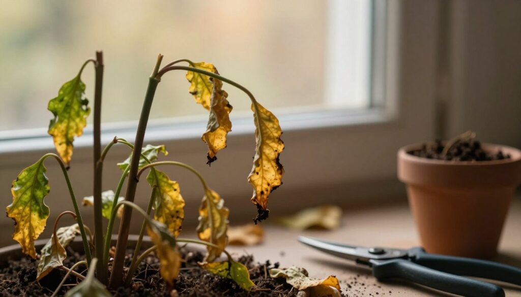A wilted plant with yellowing leaves and drooping stems dominates the foreground, exhibiting signs of distress and neglect. In the middle ground, delicate leaves fall gently to the ground, adding a sense of transition and decay. The background features a warm, diffused light filtering through a soft-focus window, casting gentle shadows that enhance the mood of an indoor setting. The atmosphere conveys a mixture of sorrow and hope, suggesting potential recovery. A pair of pruning shears and a small pot of fresh soil rest nearby, symbolizing the concepts of cleaning and pruning. The image should reflect a natural and organic aesthetic, with a balanced composition that draws attention to the wilted plant. By Maya. A wilted plant with yellowing leaves and drooping stems dominates the foreground, exhibiting signs of distress and neglect. In the middle ground, delicate leaves fall gently to the ground, adding a sense of transition and decay. The background features a warm, diffused light filtering through a soft-focus window, casting gentle shadows that enhance the mood of an indoor setting. The atmosphere conveys a mixture of sorrow and hope, suggesting potential recovery. A pair of pruning shears and a small pot of fresh soil rest nearby, symbolizing the concepts of cleaning and pruning. The image should reflect a natural and organic aesthetic, with a balanced composition that draws attention to the wilted plant. By Maya.