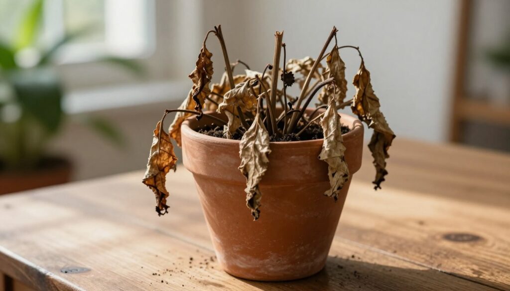 Dried plant in a terracotta pot, featuring wilted, brown leaves and brittle stems, positioned on a wooden table. The pot shows signs of wear with a bit of soil spilling out, suggesting neglect. Surrounding the plant, soft, natural light filters in through a nearby window, casting gentle shadows and creating a serene atmosphere. In the background, hints of green foliage from healthy plants are visible, contrasting the desiccated specimen and emphasizing its poor condition. The image is captured from a slightly elevated angle to showcase the plant’s details while maintaining a focus on its depleted state. The overall mood conveys a sense of urgency for care and recovery. By Maya.