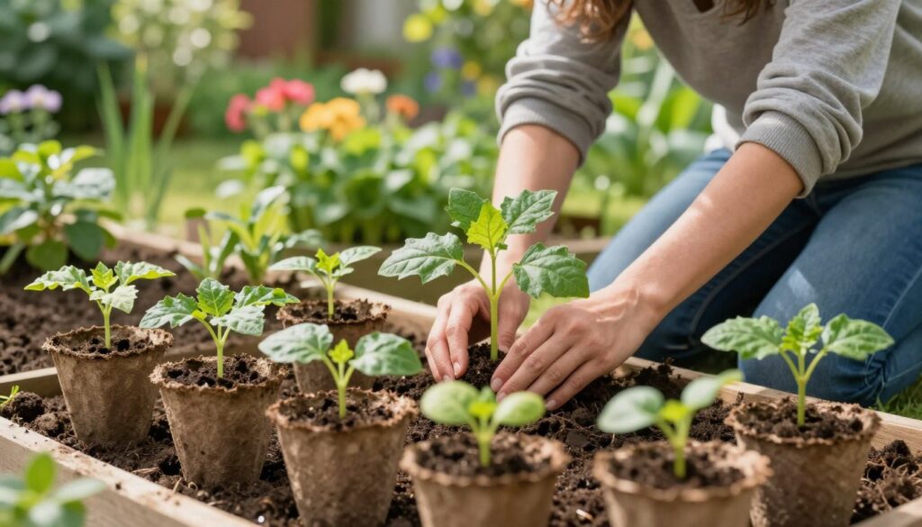 Foreground: A variety of healthy young plant saplings, showcasing vibrant green leaves and rich soil, arranged in biodegradable pots. Middle: A hands-on gardener, dressed in modest casual clothing, gently planting a sapling into a garden bed, demonstrating proper techniques. Background: A colorful, well-tended garden with lush plants and flowerbeds, under soft, natural daylight. The scene has a warm and inviting atmosphere, emphasizing growth and nurturing. Lighting: Soft sunlight filtering through leaves, creating dappled shadows on the ground. Composition: The angle is slightly elevated, focusing on both the gardener and the plant saplings, capturing the essence of care and common planting mistakes to avoid. By Maya.