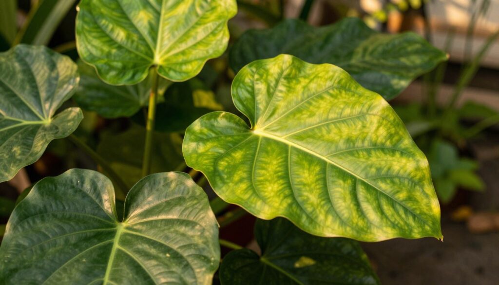 Large green leaves of a tropical plant dominate the foreground, showcasing vibrant textures and intricate vein patterns. The leaves are a mix of glossy and matte finishes, reflecting light in a warm, natural glow. In the middle ground, a softly blurred background reveals hints of a lush garden, with gentle sunlight filtering through, creating a serene and tranquil atmosphere. Soft shadows play across the foliage, enhancing the depth and richness of the greens. The overall mood is peaceful and rejuvenating, emphasizing the beauty of healthy plants. Use a macro lens and a warm color palette to capture the vivid details and textures. The composition should remain clean and focused, bringing attention to the leaves without distractions. By Maya. Large green leaves of a tropical plant dominate the foreground, showcasing vibrant textures and intricate vein patterns. The leaves are a mix of glossy and matte finishes, reflecting light in a warm, natural glow. In the middle ground, a softly blurred background reveals hints of a lush garden, with gentle sunlight filtering through, creating a serene and tranquil atmosphere. Soft shadows play across the foliage, enhancing the depth and richness of the greens. The overall mood is peaceful and rejuvenating, emphasizing the beauty of healthy plants. Use a macro lens and a warm color palette to capture the vivid details and textures. The composition should remain clean and focused, bringing attention to the leaves without distractions. By Maya.