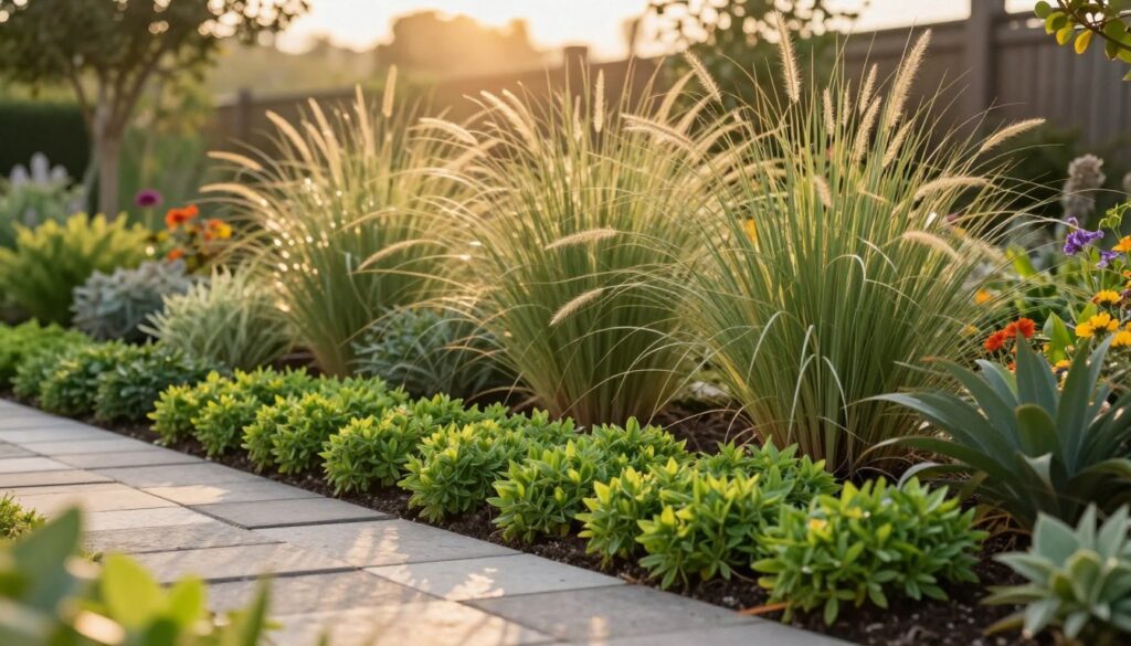Lush outdoor walkway featuring a variety of resilient plants suitable for external conditions, showcasing diverse textures and colors. Foreground includes vibrant green ground cover plants nestled between durable stone paving. The middle ground features medium-sized ornamental grasses swaying gently in a light breeze, with subtle hints of vibrant flowers. In the background, a soft-focus garden landscape with a warm, golden-hour glow, enhancing the earthy tones. The scene captures sunlight filtering through leaves, creating a serene atmosphere. Shot from a low angle to emphasize plant layering, with an emphasis on healthy root systems visibly integrated into well-drained soil. Overall mood is inviting and tranquil, highlighting sustainable plant choices for external areas. By Maya. Lush outdoor walkway featuring a variety of resilient plants suitable for external conditions, showcasing diverse textures and colors. Foreground includes vibrant green ground cover plants nestled between durable stone paving. The middle ground features medium-sized ornamental grasses swaying gently in a light breeze, with subtle hints of vibrant flowers. In the background, a soft-focus garden landscape with a warm, golden-hour glow, enhancing the earthy tones. The scene captures sunlight filtering through leaves, creating a serene atmosphere. Shot from a low angle to emphasize plant layering, with an emphasis on healthy root systems visibly integrated into well-drained soil. Overall mood is inviting and tranquil, highlighting sustainable plant choices for external areas. By Maya.