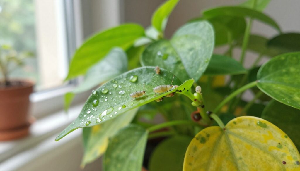 Pulgão infestation on vibrant green houseplants, showcasing a close-up of several small, soft-bodied aphids clinging to tender leaves. In the foreground, detail the aphids' translucent bodies and the dewy glisten of their moisture. The middle layer features lush, healthy leaves with a few yellowing ones affected by the aphid damage, emphasizing the contrast. The background should display a well-lit, cozy indoor environment with sunlight filtering through a window, casting soft shadows on the plants. Use a macro lens effect to create sharp focus on the aphids while blurring the background gently. The atmosphere should be calm yet informative, making it clear that this image aims to educate about plant care. By Maya. Pulgão infestation on vibrant green houseplants, showcasing a close-up of several small, soft-bodied aphids clinging to tender leaves. In the foreground, detail the aphids' translucent bodies and the dewy glisten of their moisture. The middle layer features lush, healthy leaves with a few yellowing ones affected by the aphid damage, emphasizing the contrast. The background should display a well-lit, cozy indoor environment with sunlight filtering through a window, casting soft shadows on the plants. Use a macro lens effect to create sharp focus on the aphids while blurring the background gently. The atmosphere should be calm yet informative, making it clear that this image aims to educate about plant care. By Maya.