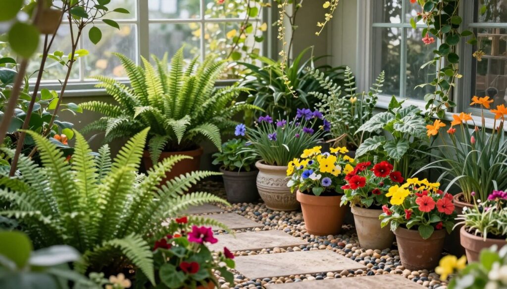 Vibrant and colorful garden plants arranged in a cozy winter garden setting, showcasing various species such as lush ferns, bright flowering plants, and cascading vines. Foreground features the textured leaves and vivid blossoms in sharp focus, while the middle ground presents an inviting arrangement with decorative pots and pebbled pathways. In the background, a soft, natural light filters through large windows, creating a warm and welcoming atmosphere ideal for relaxation. The scene is framed with soft shadows and gentle bokeh effects. Captured from a slightly elevated angle, this composition ensures an appealing view of the harmonious plant ensemble, emphasizing tranquility and optimal positioning for easy maintenance. By Maya.