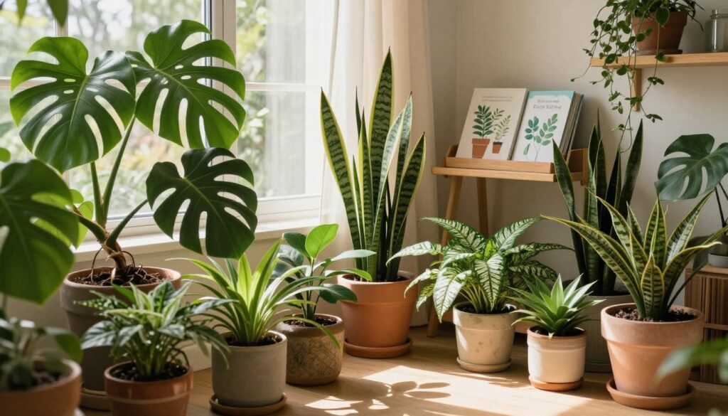 Vibrant indoor garden scene featuring a harmonious arrangement of winter plants. In the foreground, a variety of lush, green houseplants including a Monstera, Snake Plant, and ZZ Plant, all in decorative ceramic pots. In the middle, a cozy corner filled with soft, diffused natural light filtering through a large window, casting gentle shadows on the floor. The background showcases a softly blurred backdrop of sheer curtains and a small wooden shelf with cute plant care books. The overall atmosphere is tranquil and inviting, reflecting the serenity of a winter garden. The image should have a warm color palette, with an emphasis on earthy greens and browns. Shot in natural light with a warm tonality, capturing the beauty and essence of indoor gardening. By Maya.
