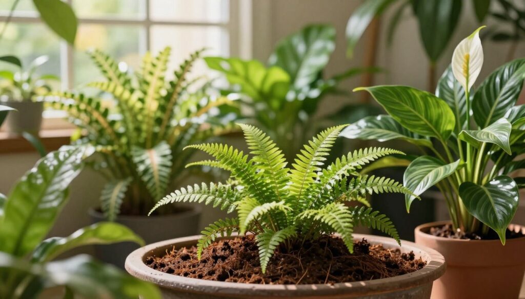 Vibrant tropical garden scene featuring a variety of lush potted plants, such as ferns, philodendrons, and peace lilies. In the foreground, focus on a well-draining pot filled with rich, textured substrate, showcasing the importance of proper soil for indoor winter gardens. The middle ground displays diverse greenery with an emphasis on healthy leaves and vibrant colors, set against a softly blurred backdrop of a sunlit room with large windows letting in warm, natural light. Play with soft shadows and highlights to create depth and warmth. The atmosphere should evoke a sense of tranquility and harmony, ideal for cultivating a peaceful indoor oasis. This image represents the concept of substrate and drainage, illustrating how to maintain a flourishing tropical arrangement. By Maya.