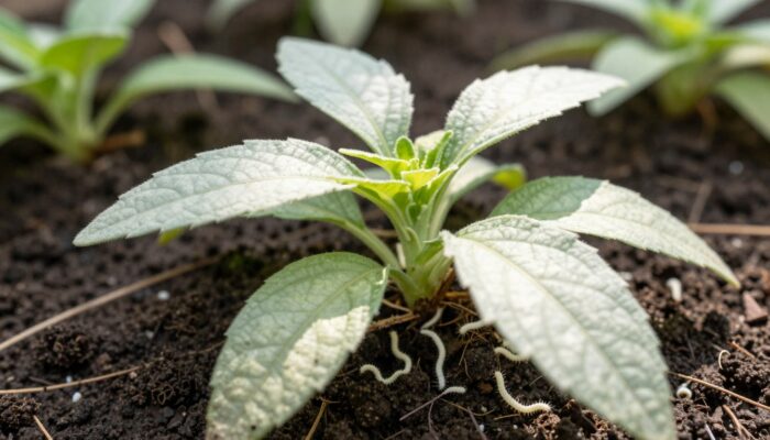 larva branca na terra da planta