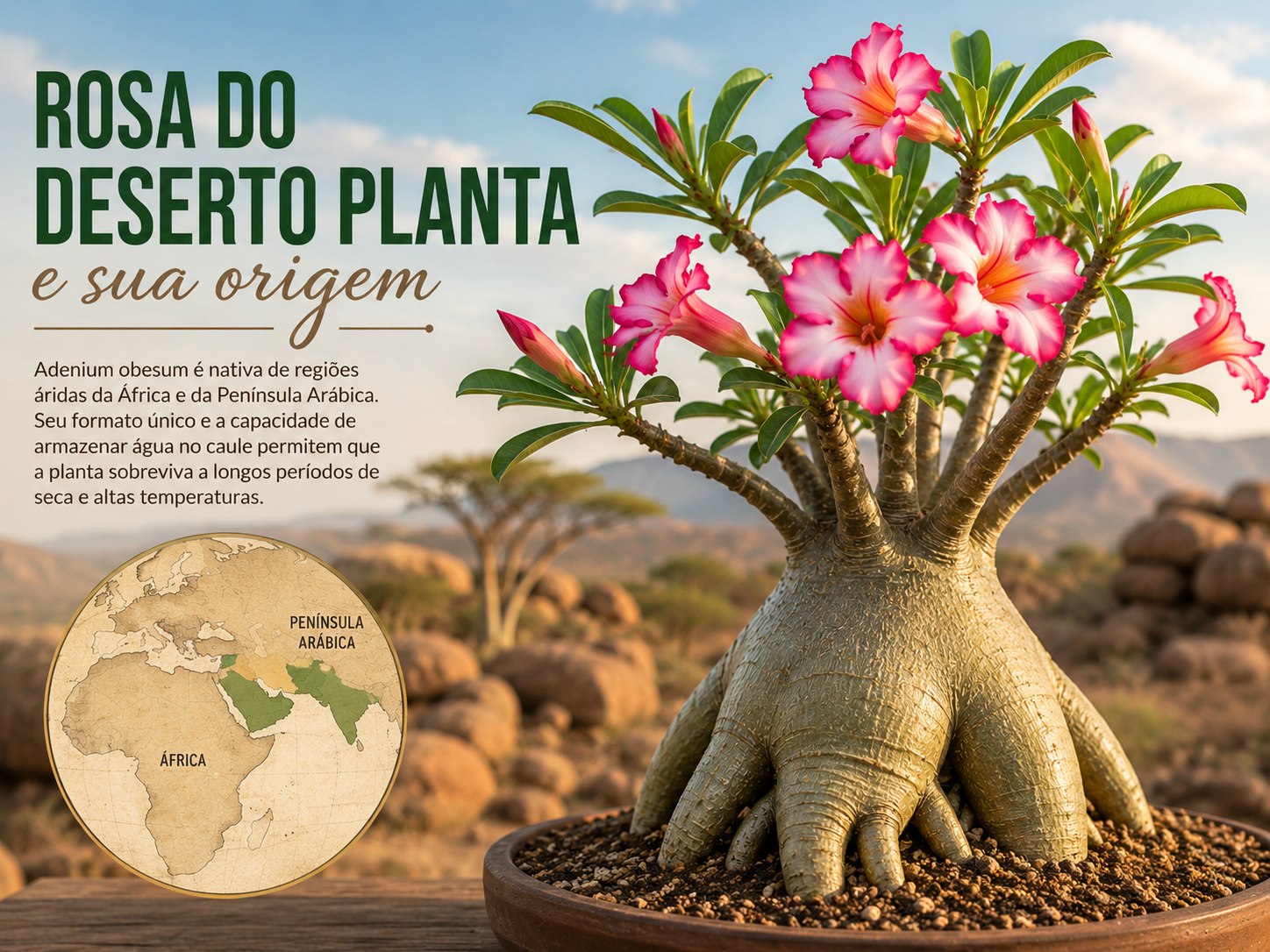 Rosa do deserto planta cultivada em cenário árido semelhante ao habitat natural da Adenium obesum, destacando flores, caule engrossado e origem desértica.