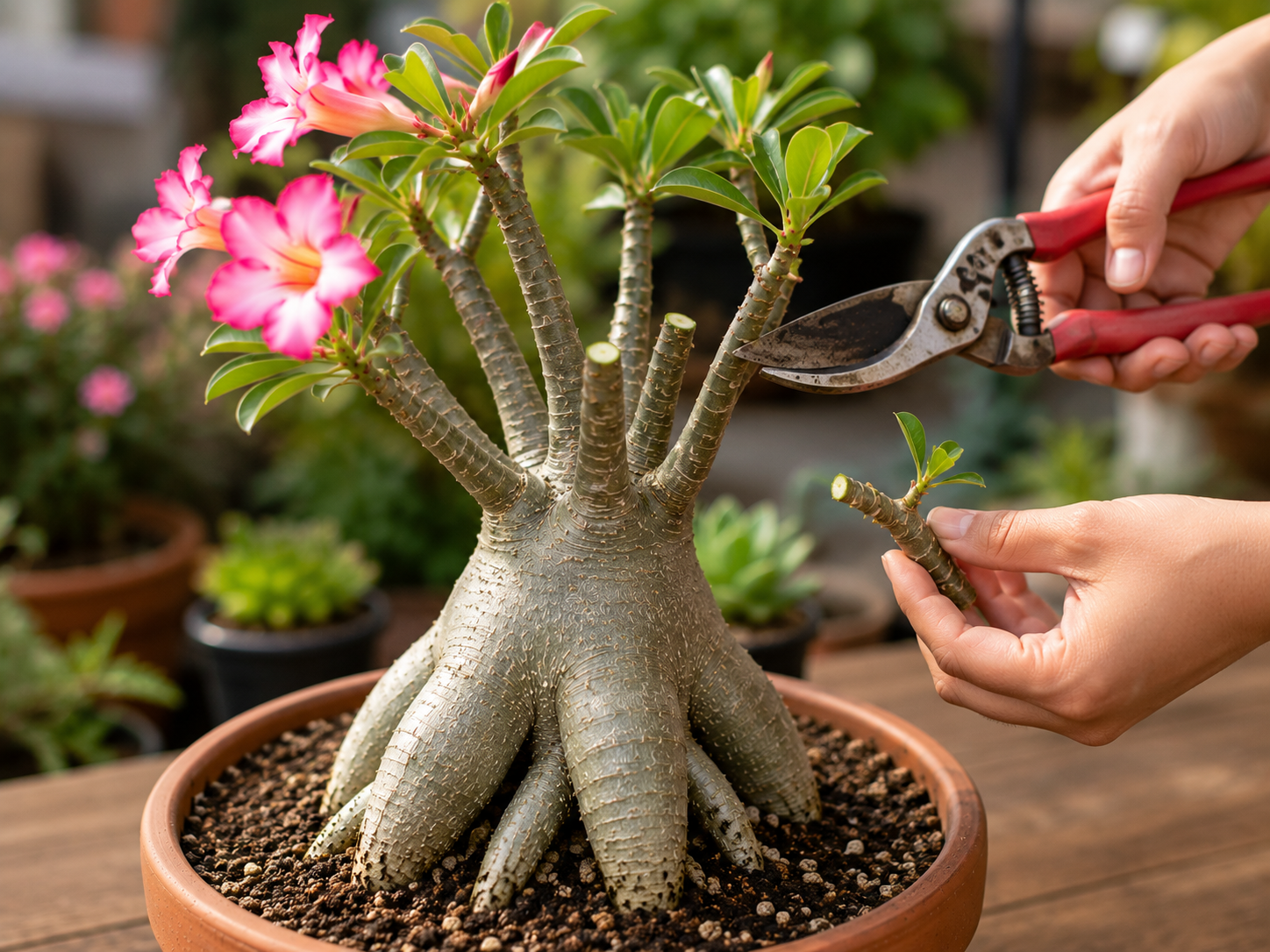 Pessoa realizando poda em rosa do deserto planta com tesoura de jardinagem, estimulando novas brotações e manutenção do formato ornamental.