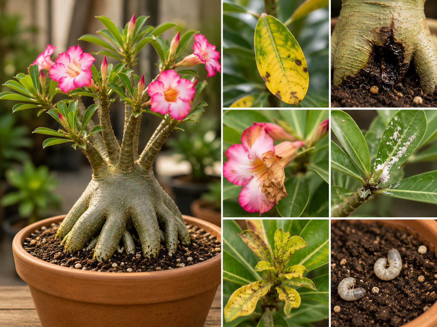 Rosa do deserto planta apresentando folhas amareladas, apodrecimento e pragas, ilustrando problemas comuns ligados ao cultivo e excesso de umidade.