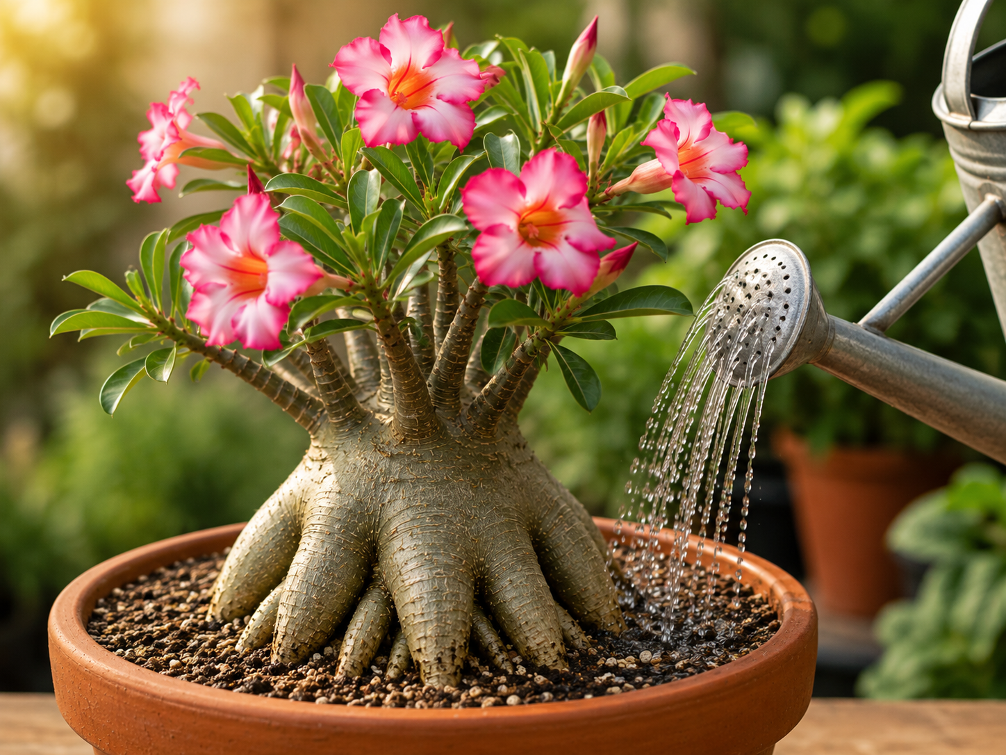 Rosa do deserto planta recebendo rega moderada em vaso drenável, mostrando manejo adequado para evitar excesso de água nas raízes.