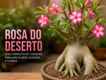 Rosa do deserto planta cultivada em vaso com flores rosas e base engrossada, posicionada em ambiente iluminado para cultivo ornamental doméstico.
