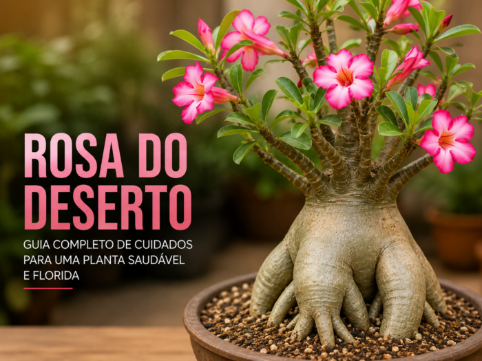 Rosa do deserto planta cultivada em vaso com flores rosas e base engrossada, posicionada em ambiente iluminado para cultivo ornamental doméstico.